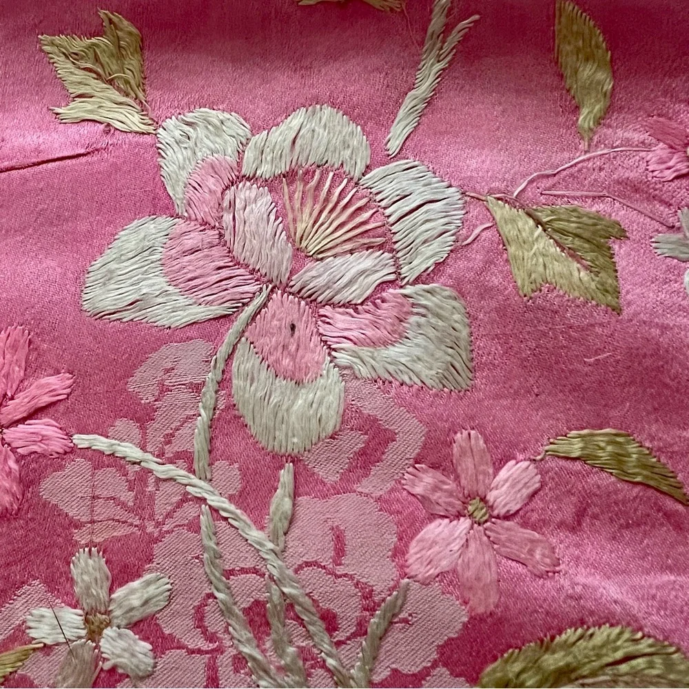 RARE Antique Qing Dynasty Chinese Silk Hand Embroidered‎ Sleeve Panel Pink Lotus